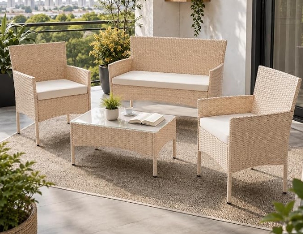 Zestaw mebli ogrodowych technorattan beżowe 4 el. Sofa fotele stolik kawowy