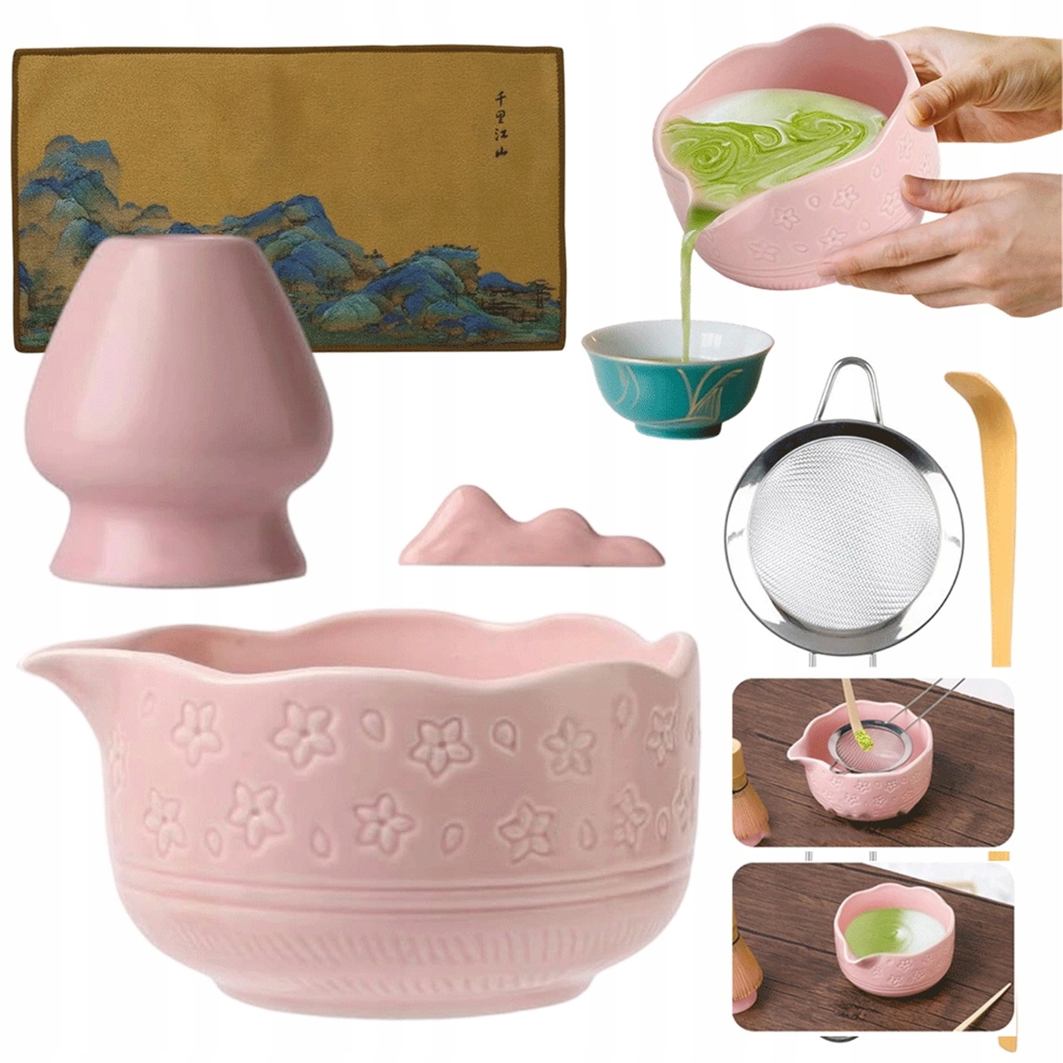 Levně Růžová Sada Na Matcha S Miskou 450 ML Bambusová Šlehací Metla A Příslušenství
