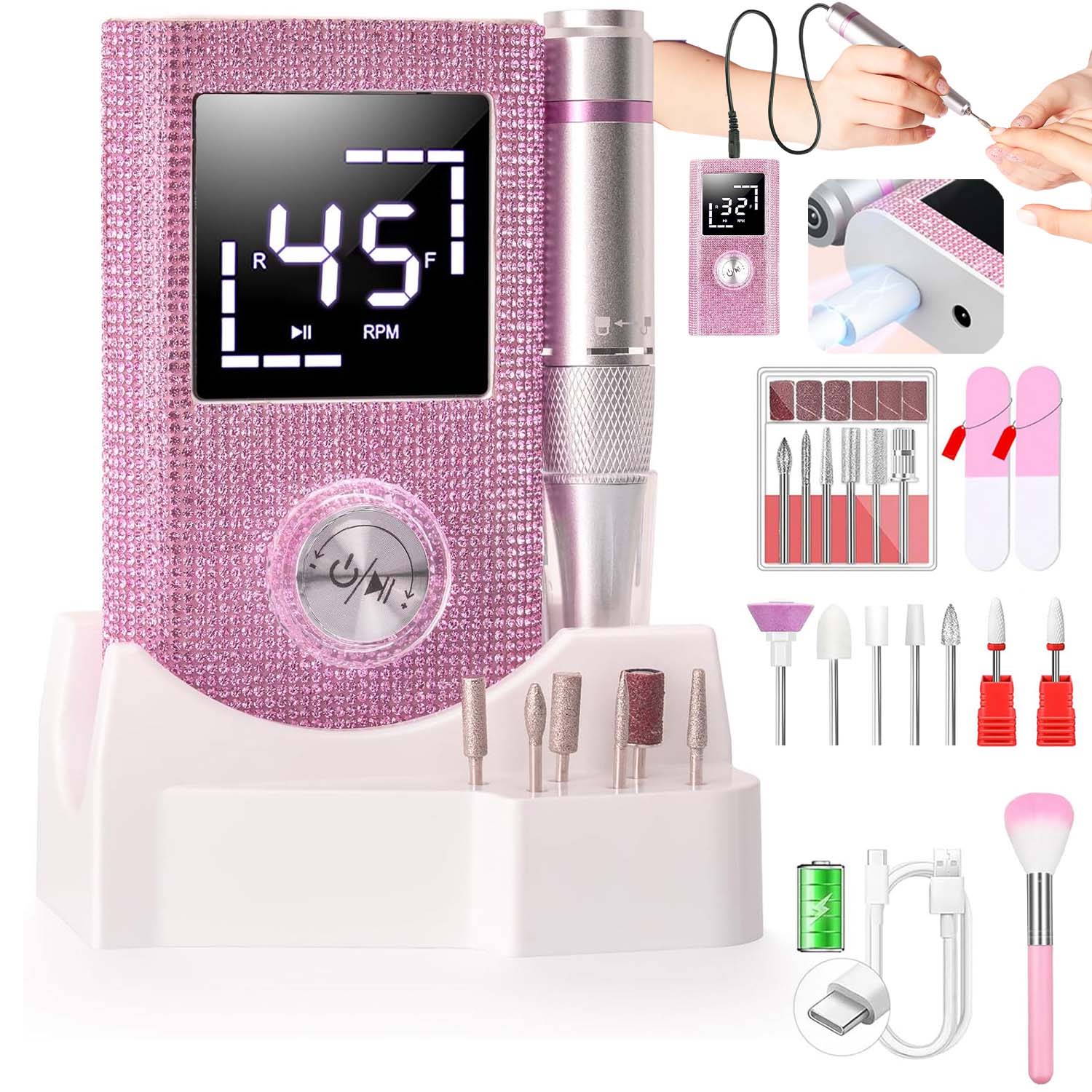 Bruska Na Nehty Manikúra Pedikúra Profesionální 50W Sada Fréz