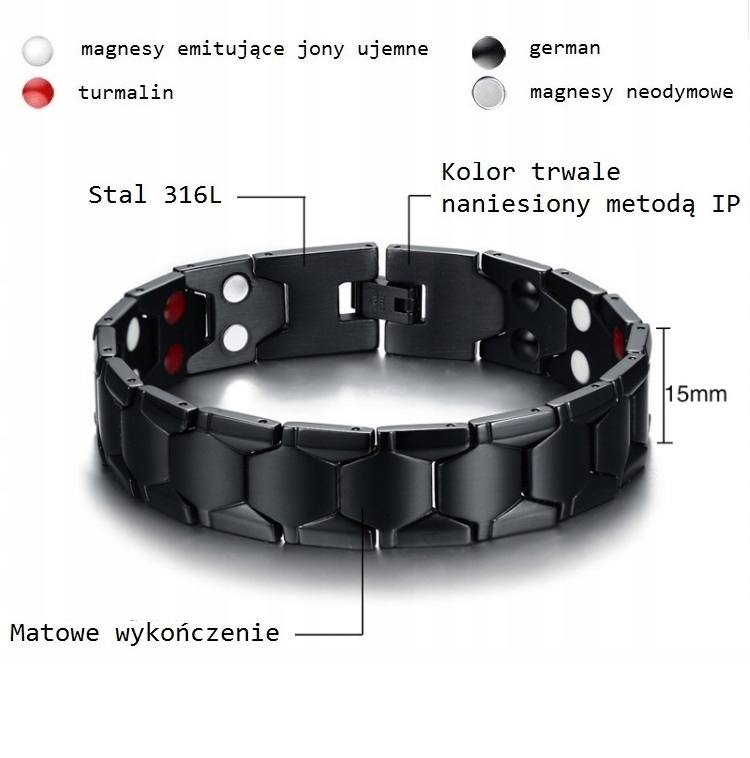 BRANSOLETA MAGNETYCZNA STAL 316L MAGNESY + DODATKI Długość całkowita 17 cm