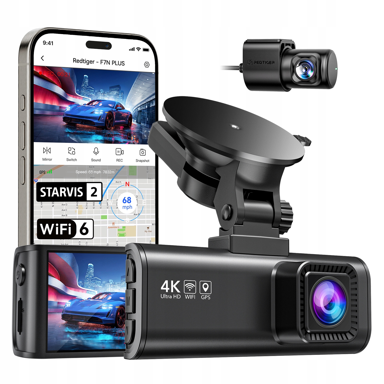 Videorekordér Redtiger F7NP 4K Duální Autokamera s Gps, WiFi a Super-Kondenzátorem