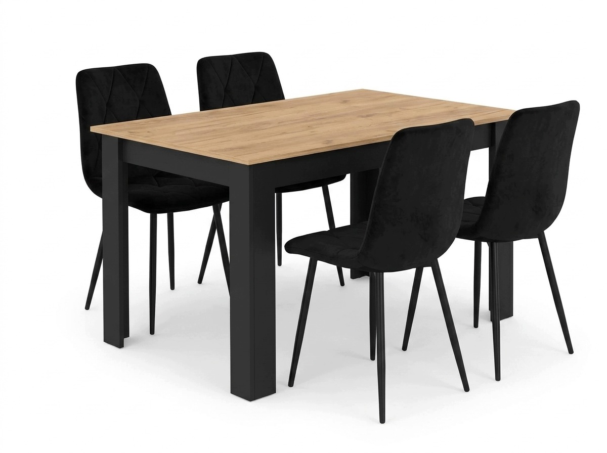 Stół z Krzesłami 120x80 Dąb Craft 4 Krzesła Tapicerowane Czarne Do Jadalni