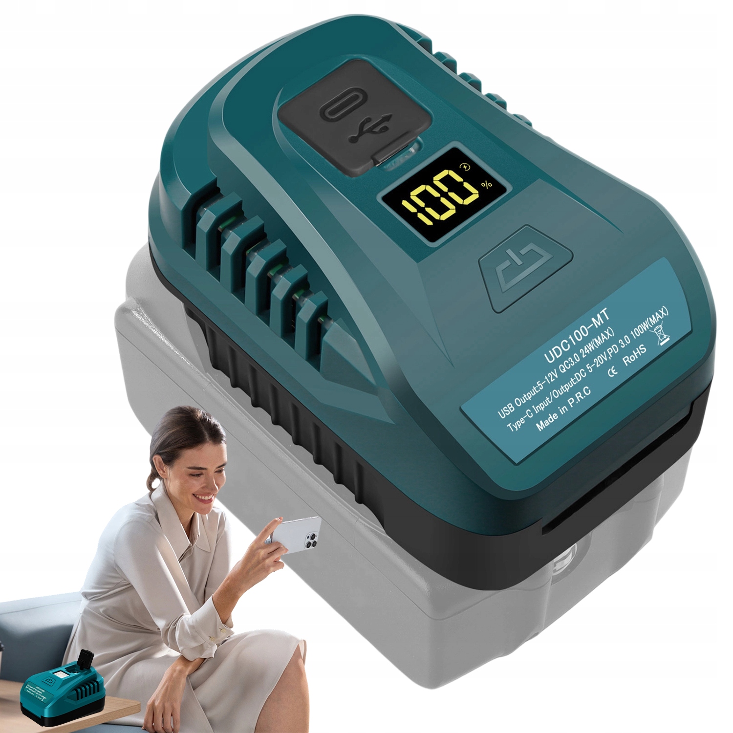 Nabíječka Pro Baterie 18V Kompaktní PD100W S LCD A Usb C Displejem