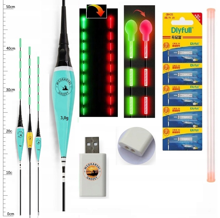 3x splávek 1,5 g 2.0 g 3.0 g změna barvy nabíječka 5 baterií