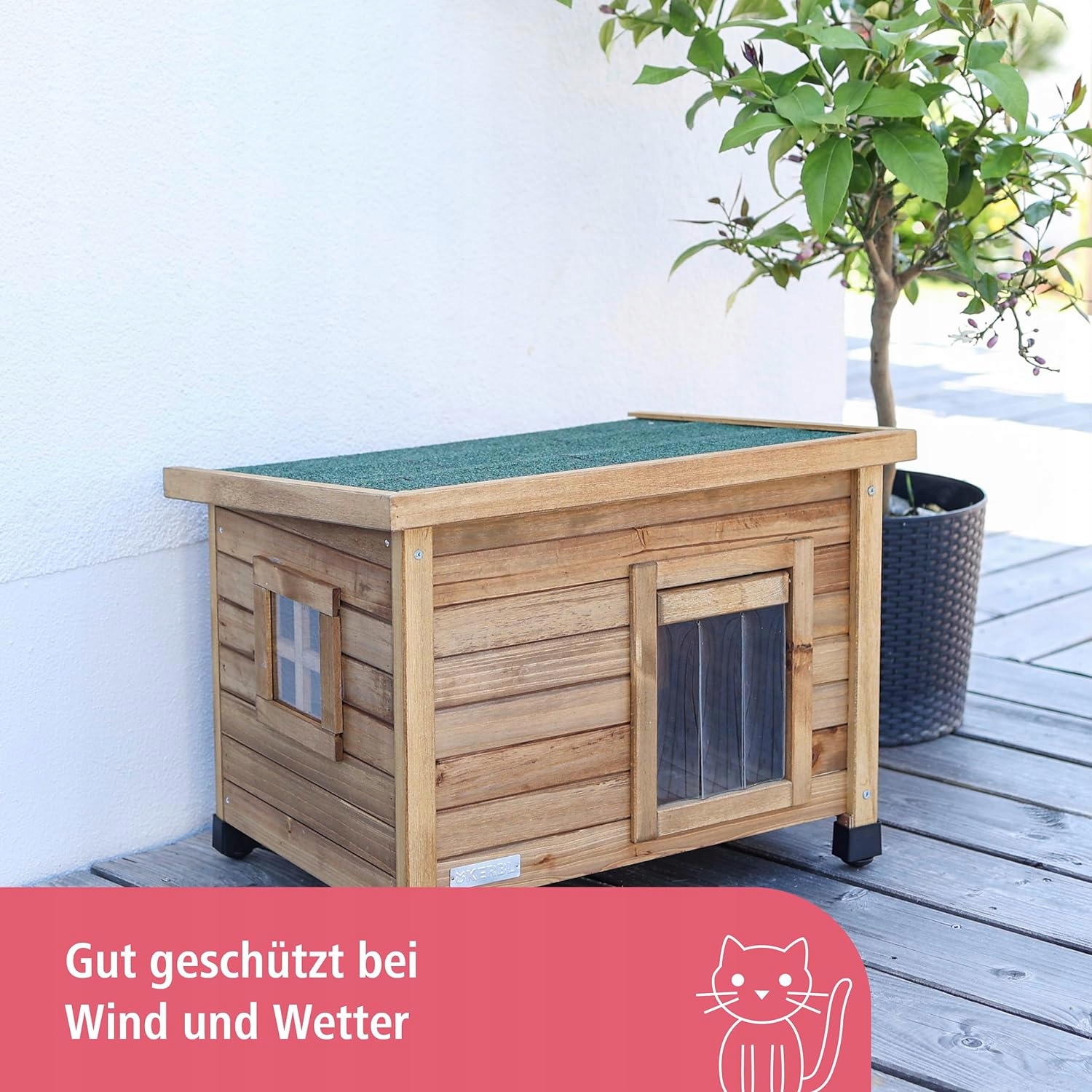 Levně Dřevěný domeček pro kočky s jedlovým oknem, výklopné dveře, 45 hlav, 57 cm x 43 cm