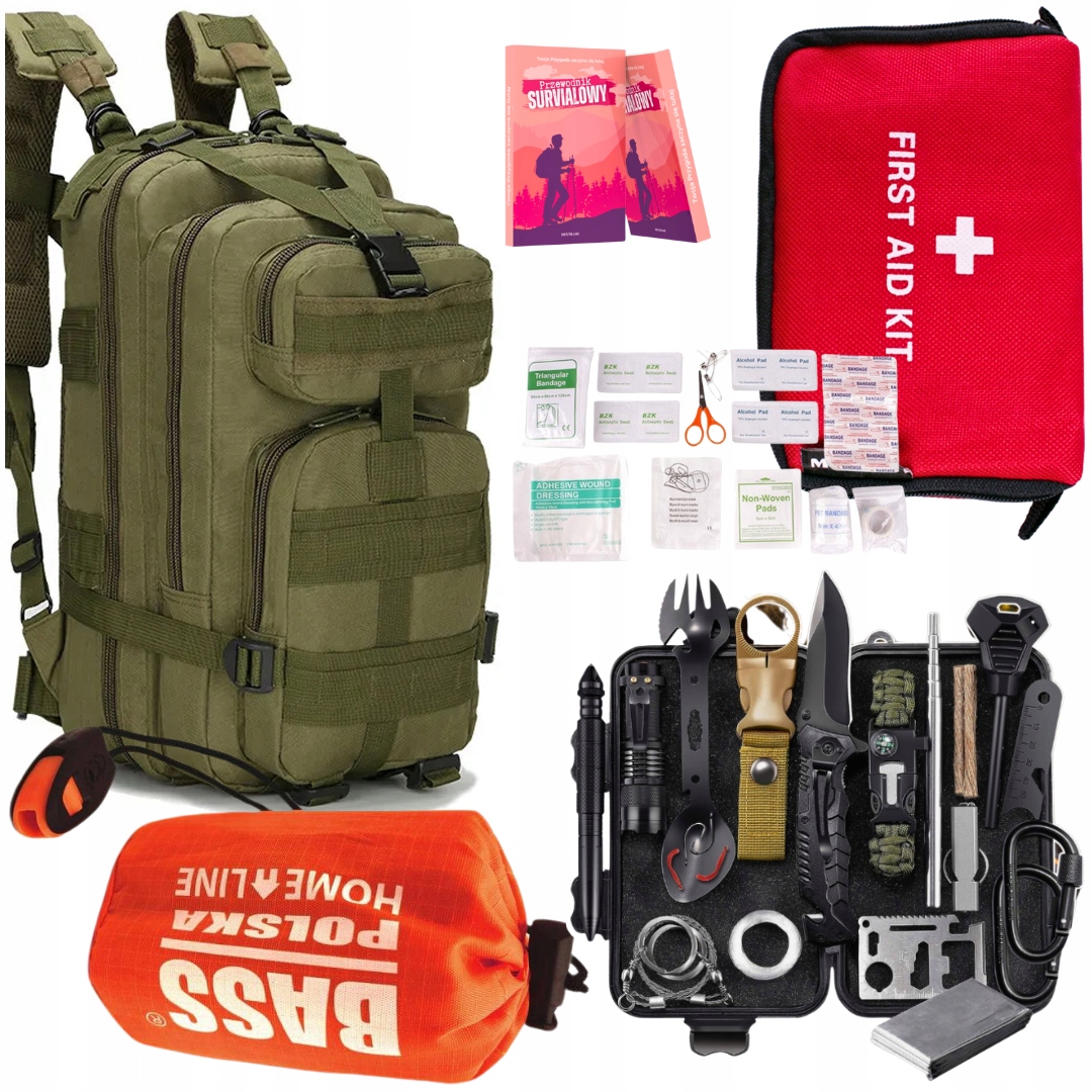 Zestaw Survival 32w1 Plecak Khaki 35L Śpiwór Koc Apteczka Czerwona