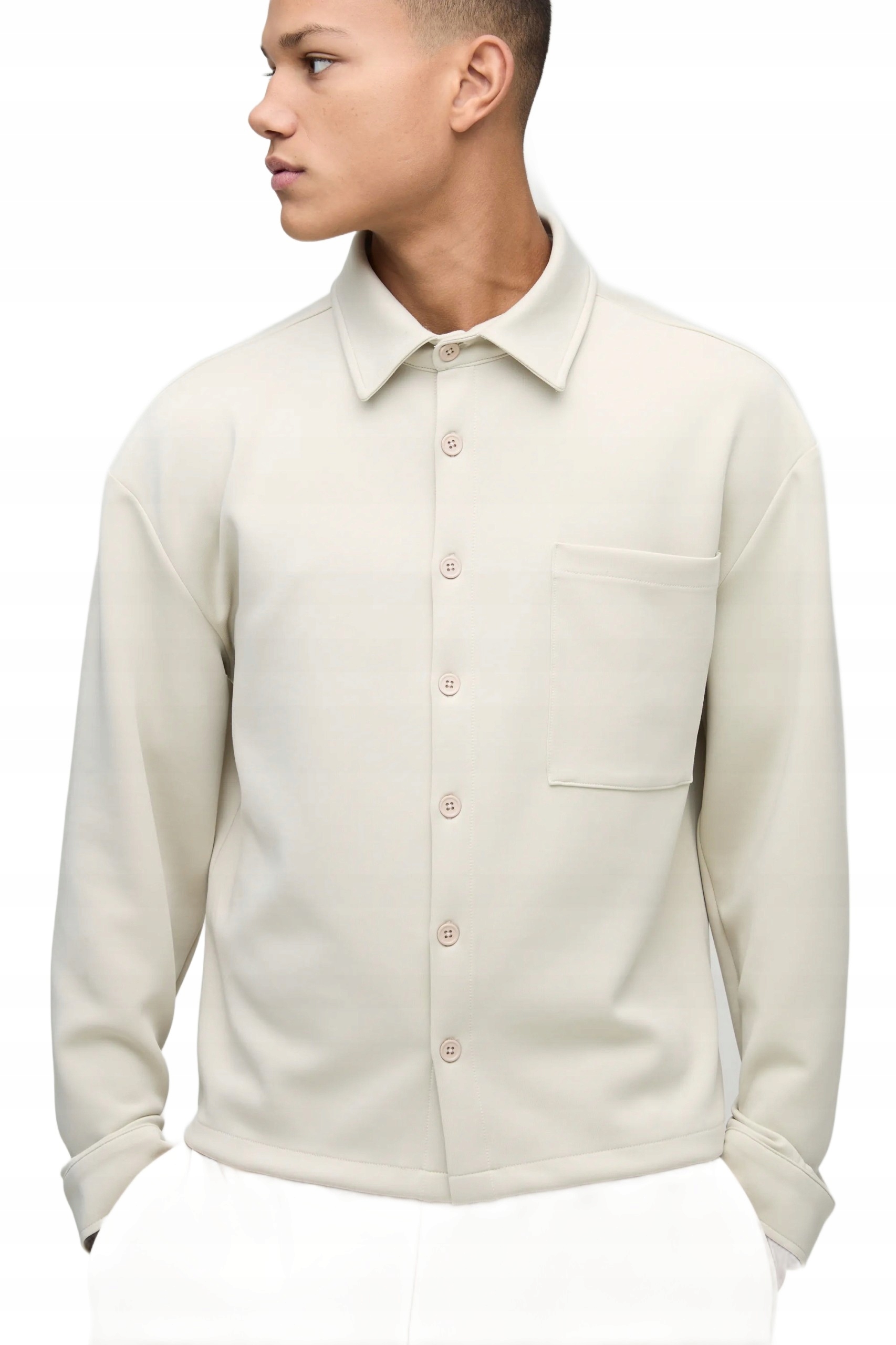 Boohooman Pánská Košile Casual Béžová S Dlouhým Rukávem A Kapsou M3A