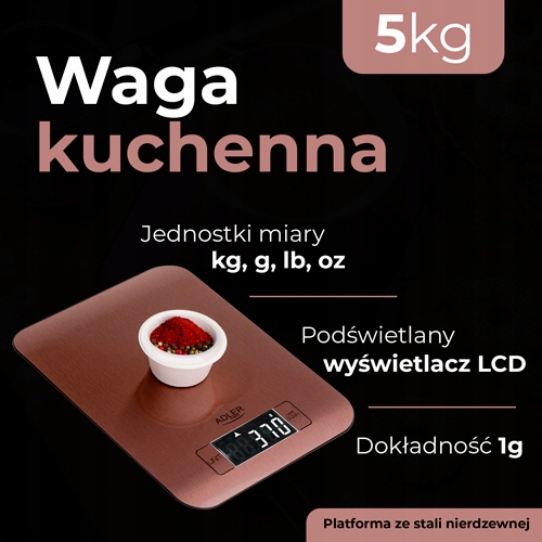 Waga kuchenna Adler AD 3183 Copper - 5kg, podświetlany LCD, stal