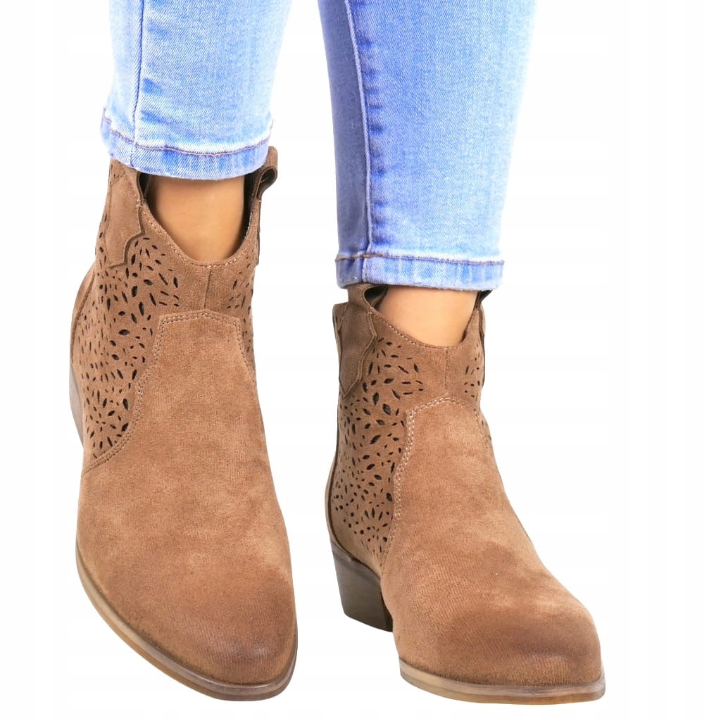 iButy DAMSKIE KOWBOJKI AŻUROWE NA NISKIM OBCASIE BRĄZOWE ZAMSZOWE Marka bez marki