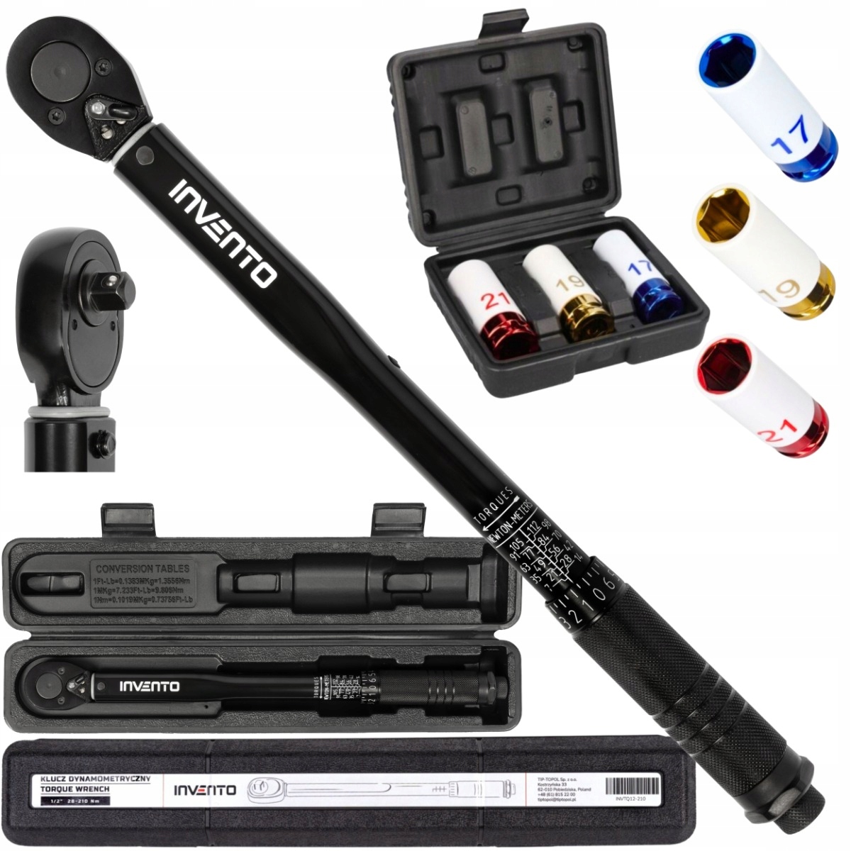 Klucz dynamometryczny do kół 1/2" 28-210 Nm nasadki udarowe Invento