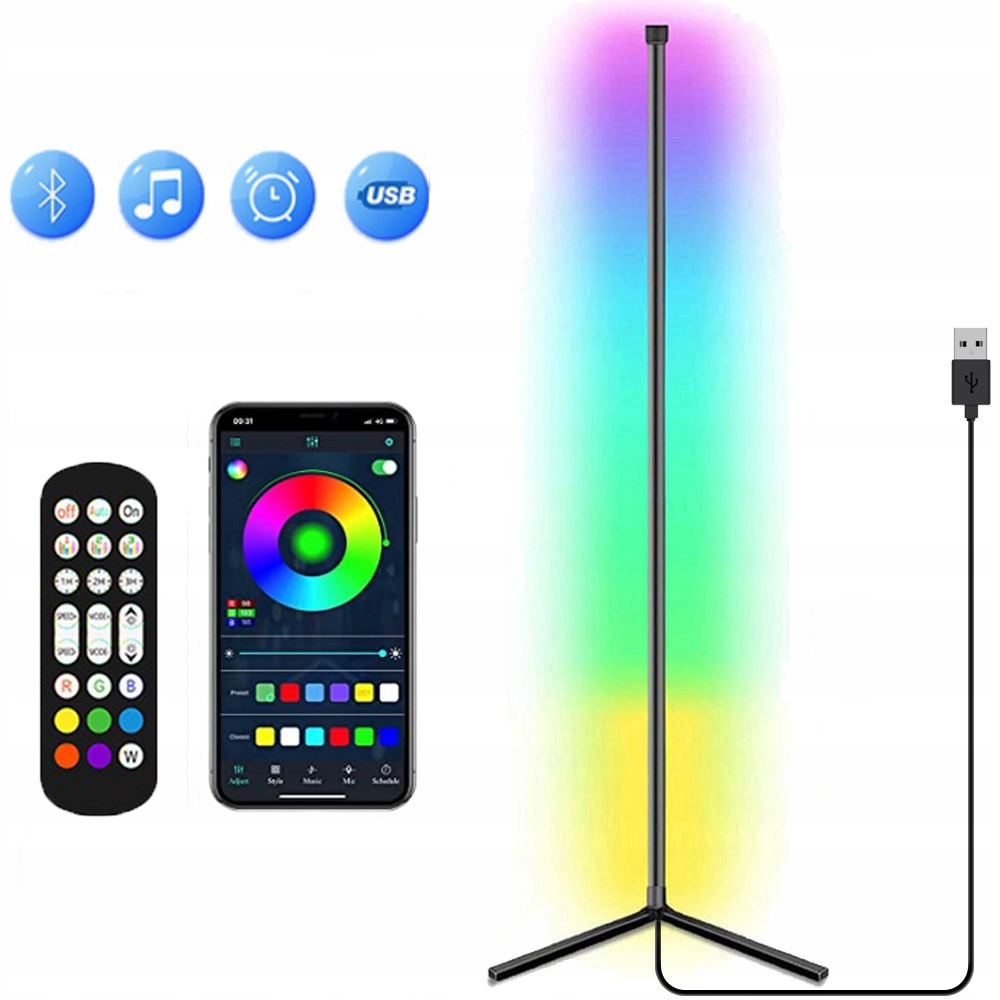 Wysoka Lampa Podłogowa Narożna Stojąca 160cm Lampka Nocna Led Rgb Pilot