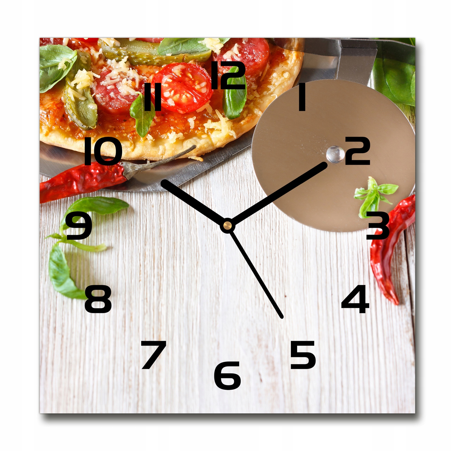 

Piękny cichy, szklany zegar do salonu Pizza 30x30