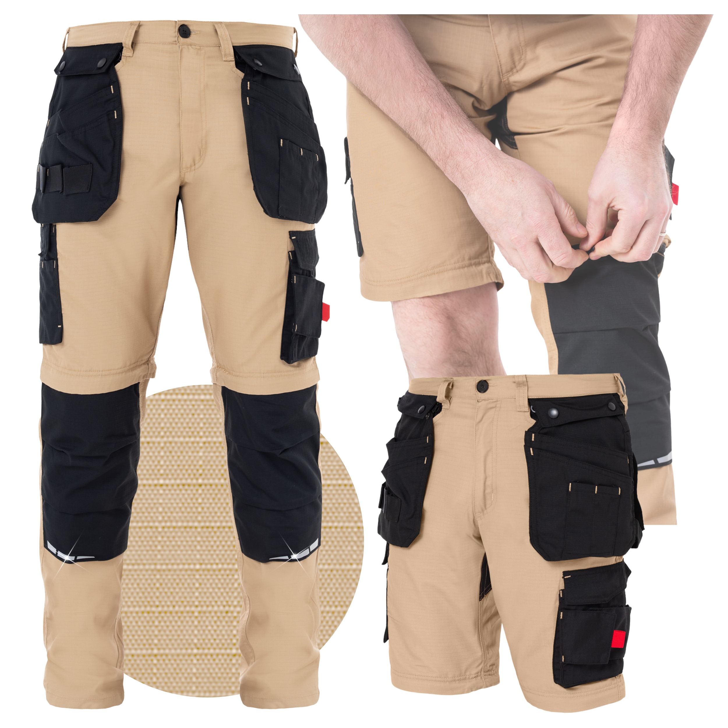 Pánské pracovní kalhoty 2v1 Odnímatelné Nohavice khaki montérkové Ripstop Silné