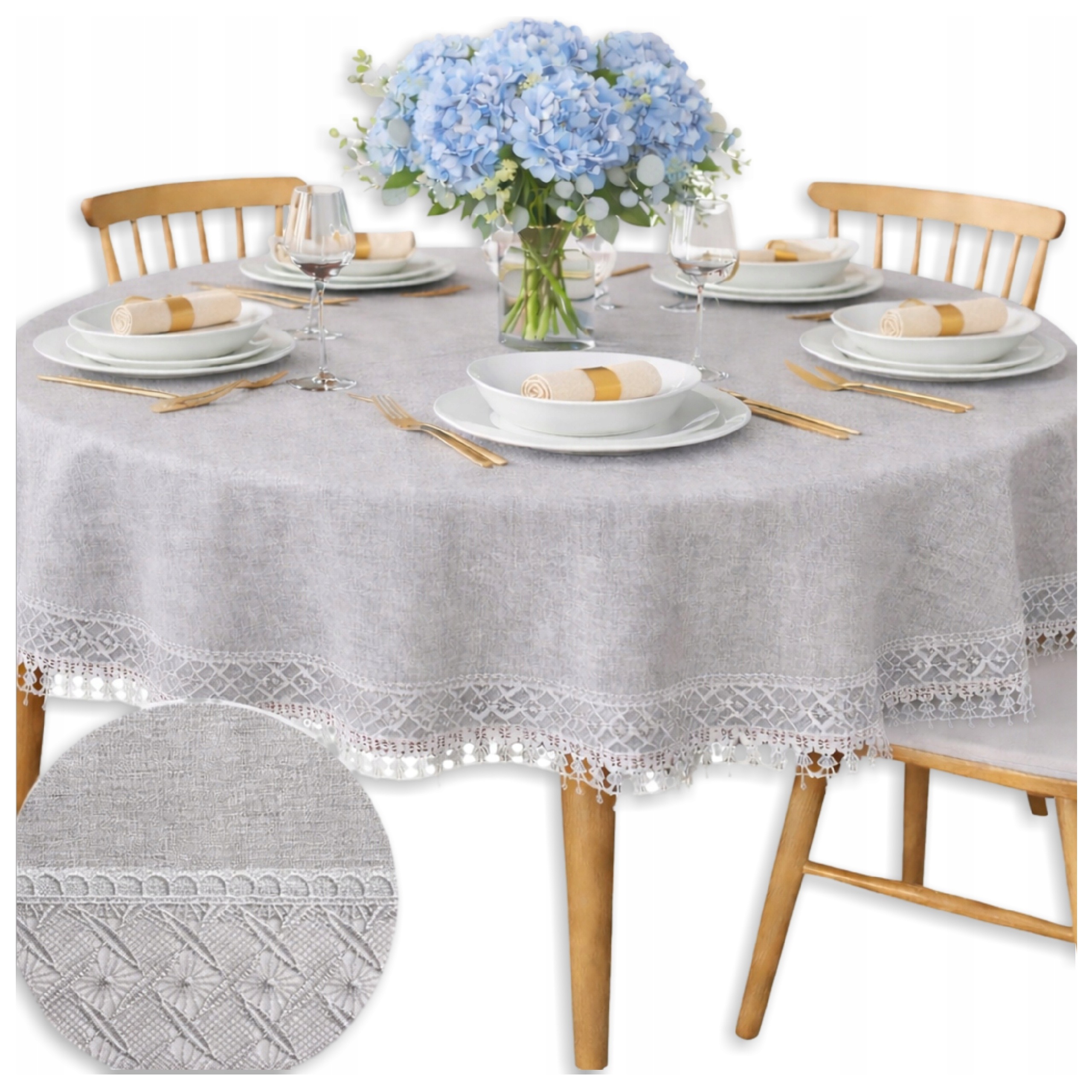 Ubrus na Kulatý Stůl Šedý s gipiurou Kolo 150 CM, hladká krajka, elegantní