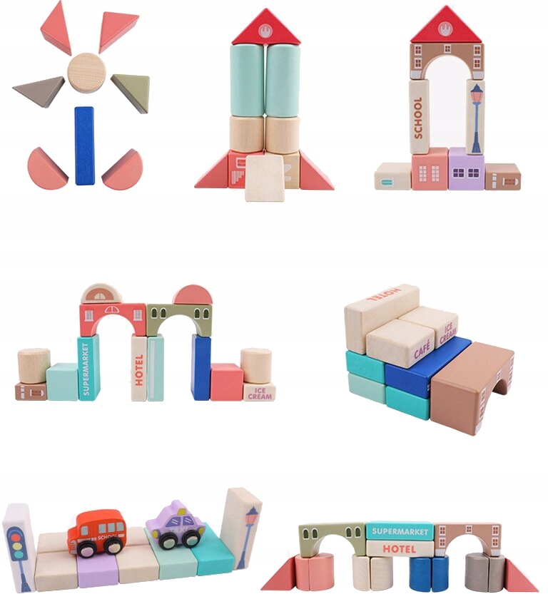 KLOCKI DREWNIANE MIASTECZKO EDUKACYJNE 115 ELEMENT Wiek dziecka 3 lata +