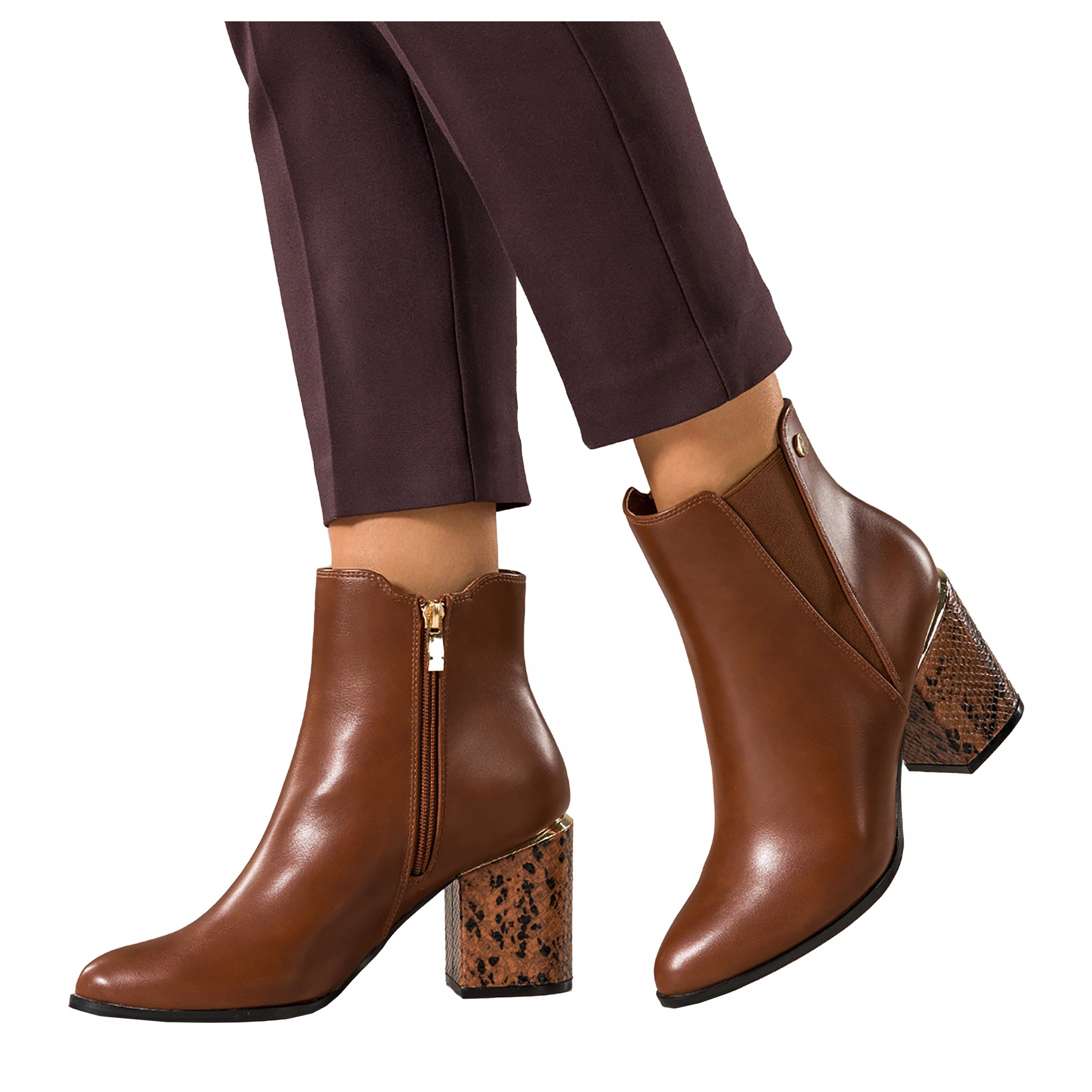 Kotníkové Boty Camelové Dámské Pohodlné Ozdobné Hadí Podpatky Zlaté Doplňky r 36