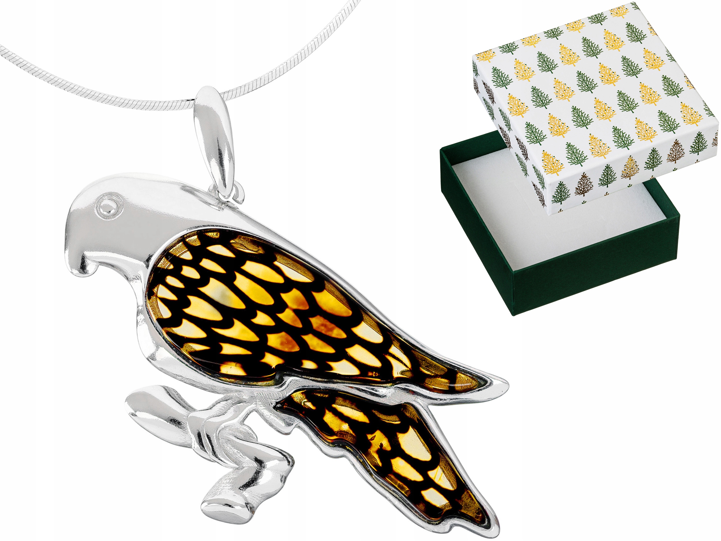 Stříbrný náhrdelník s papouškem Gravírovaný Baltský Jantar Stříbro 925 75 cm