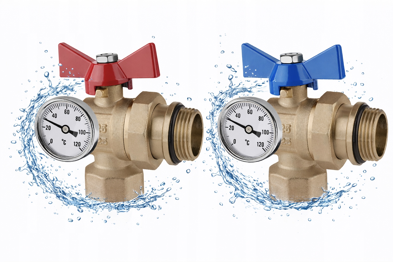 Zestaw 2 sztuki zawór kulowy kątowy DN25 ze śrubunkiem i termometrem 1 cal