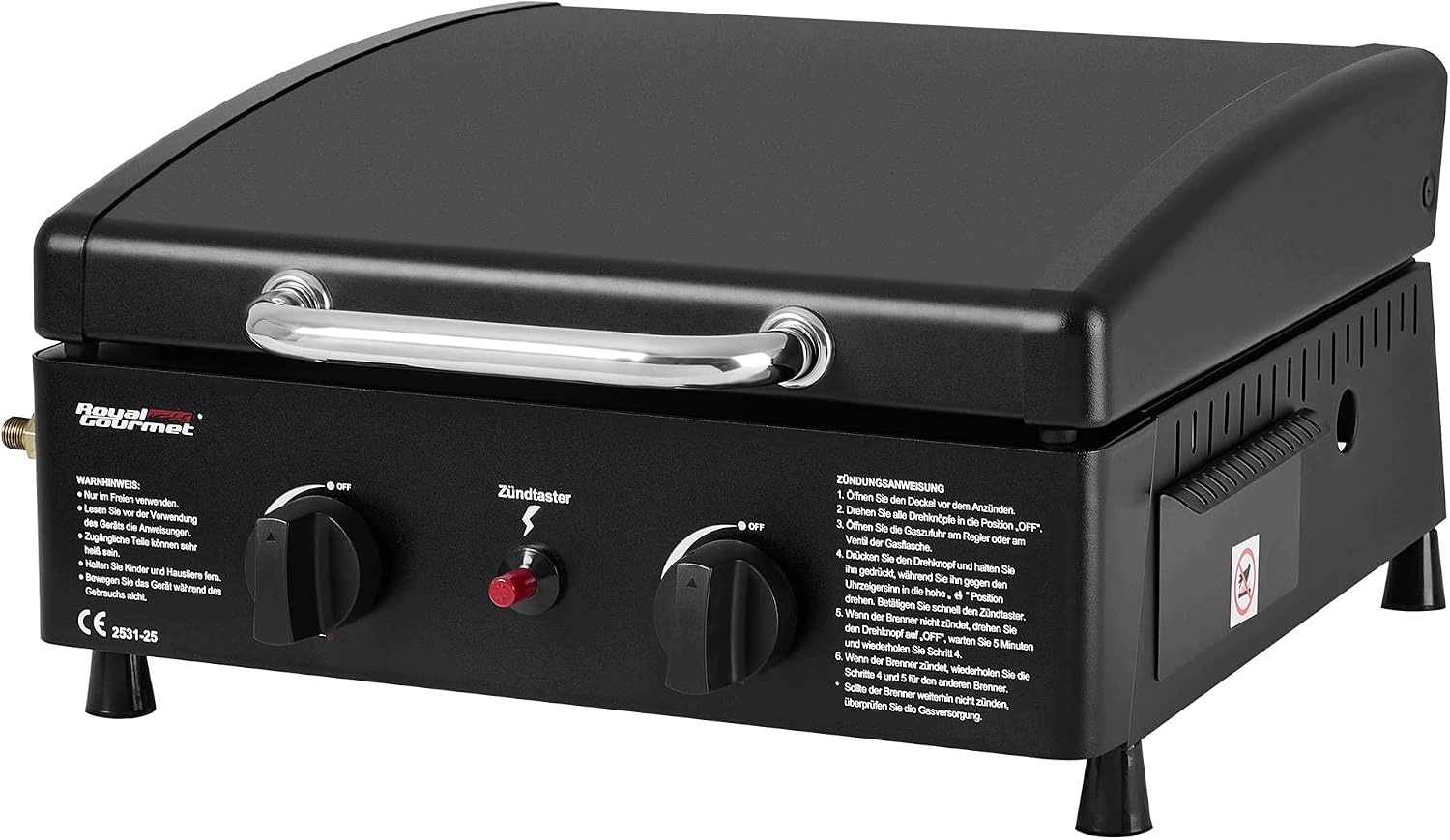 Plynový gril Royal Gourmet 5 kW 2 hořáky Plancha s víkem, černý