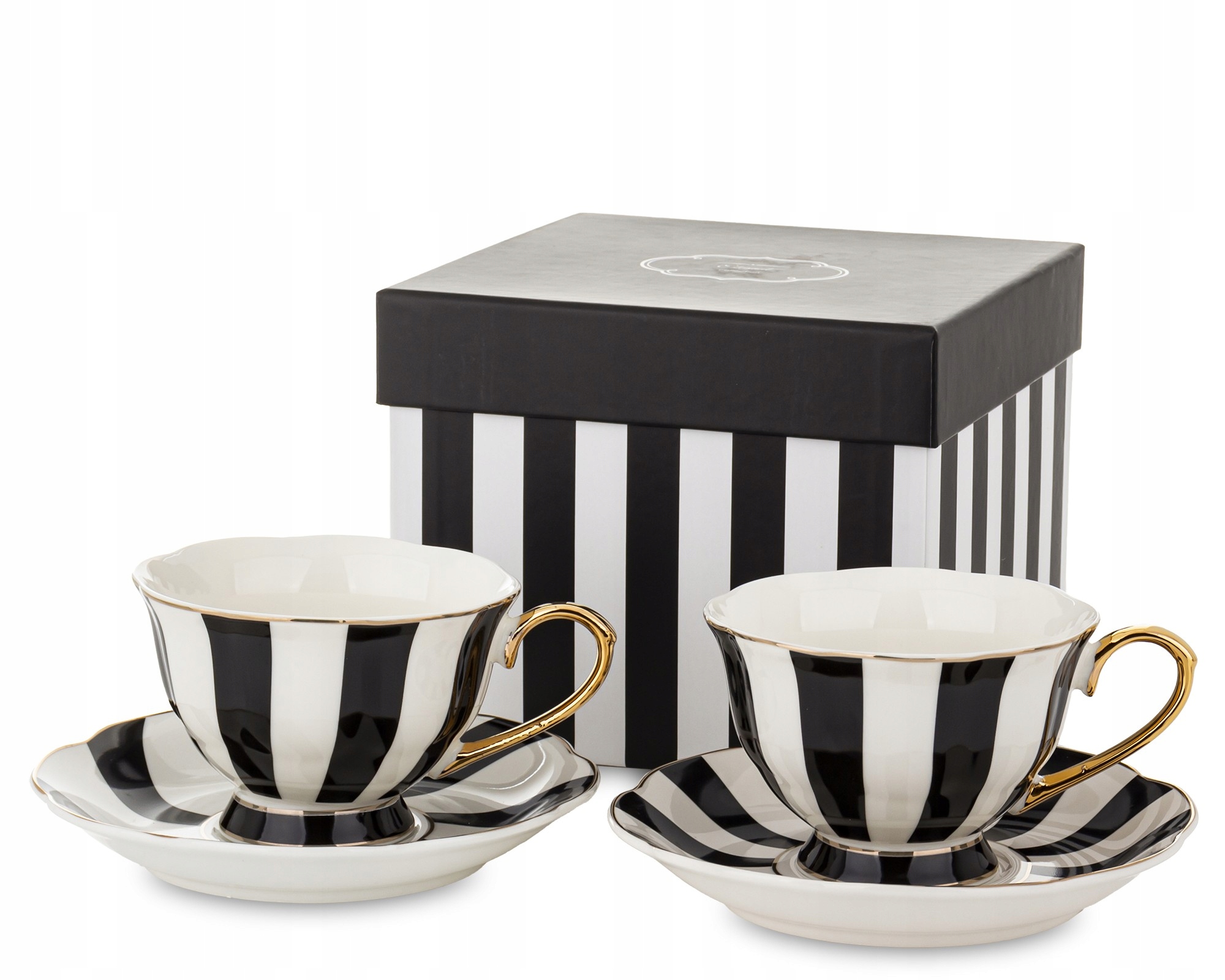 Šálky s podšálkem proužky bílo černé Set 220 ml Bílá černá Zlatá