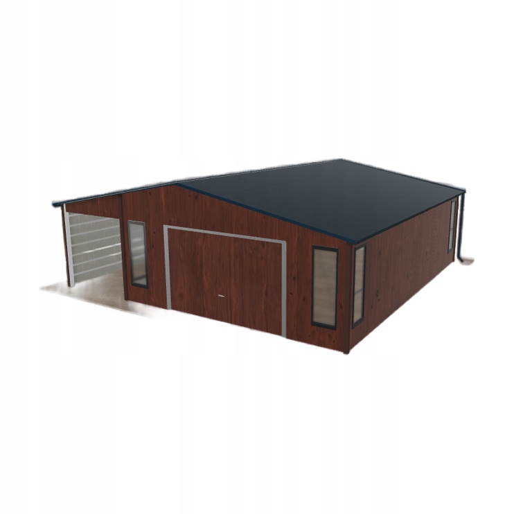 Plechová garáž 5.5 x 7.5 m s přístřeškem Tmavý ořech