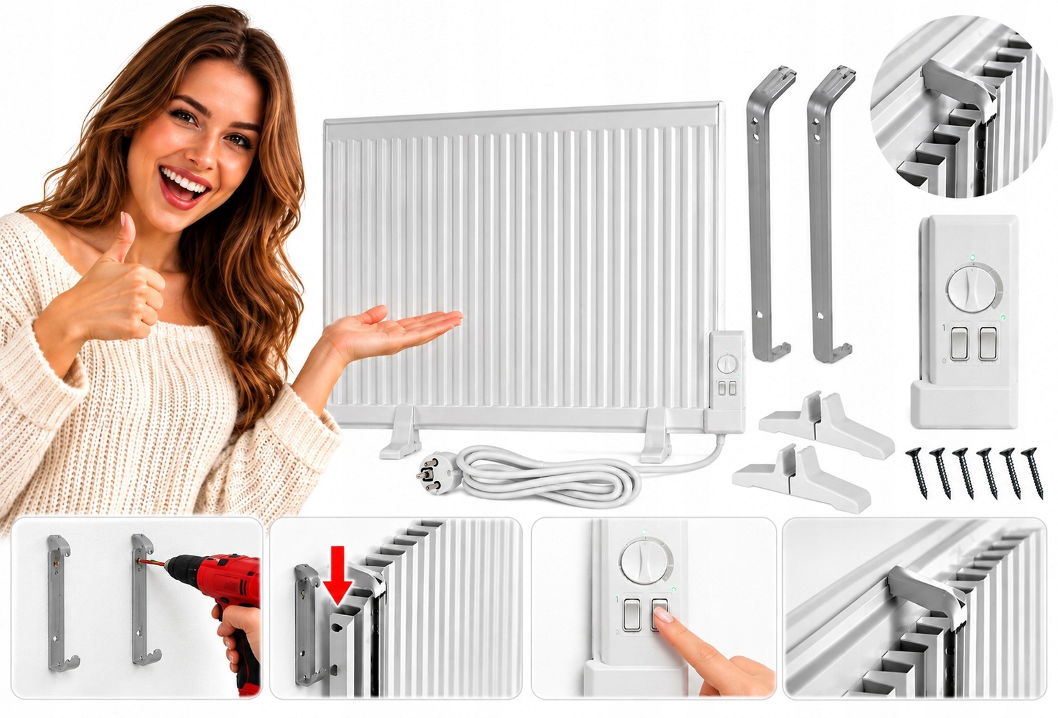 Grzejnik Panelowy Olejowy Elektryczny 1500W Eko 78 cm x 66 cm Gw Biały