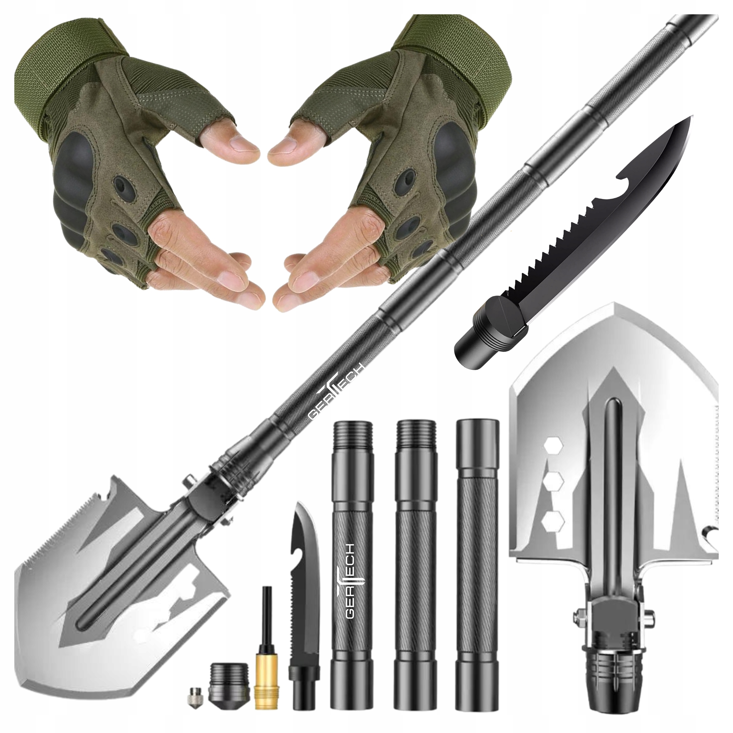 Saperka Wojskowa Łopata Taktyczna Survival 16W1 Mocna Rękawice Gertech
