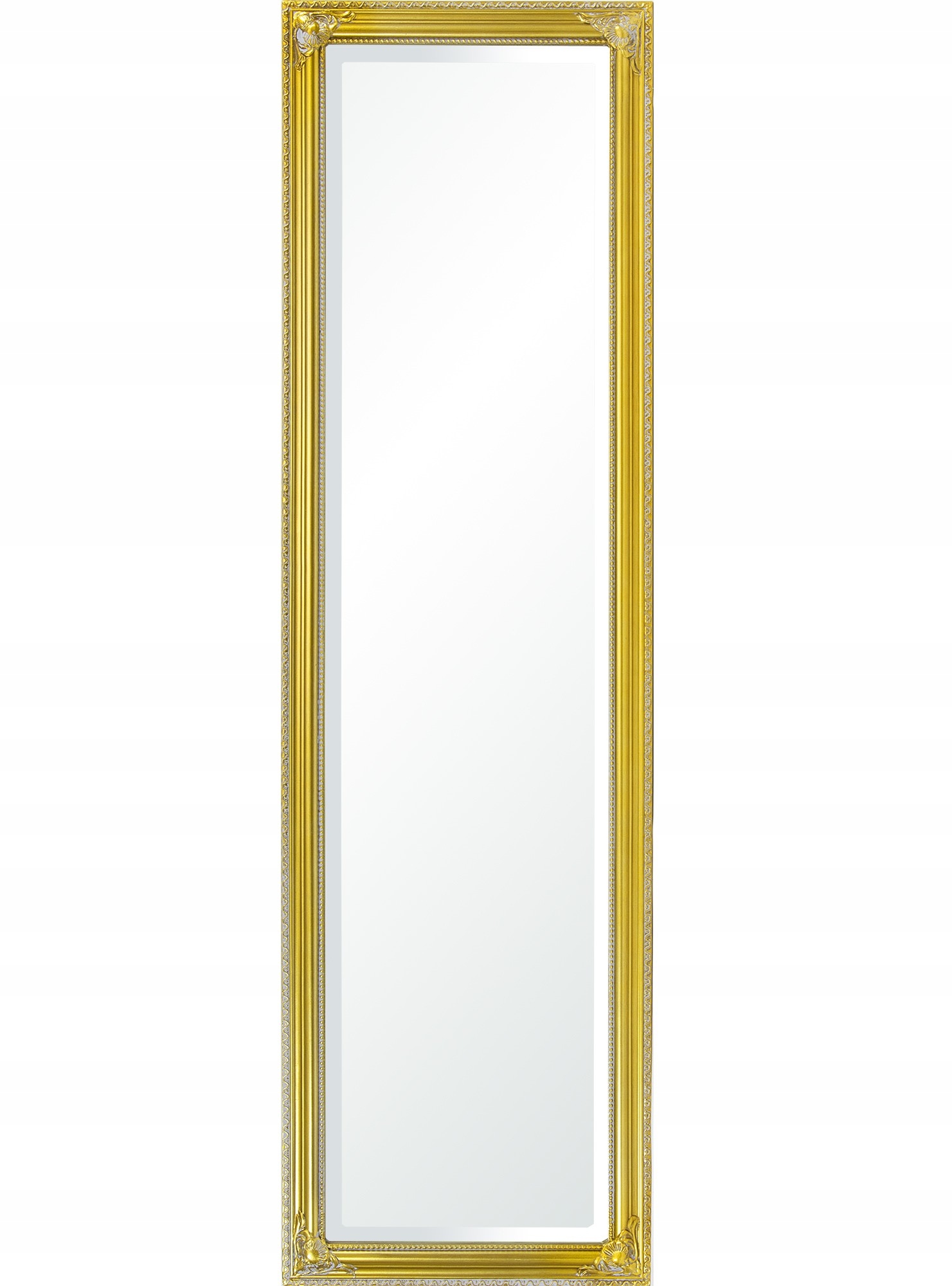 Sklenené závesné zrkadlo s úzkym zlatým rámom, staré retro palácové zlato