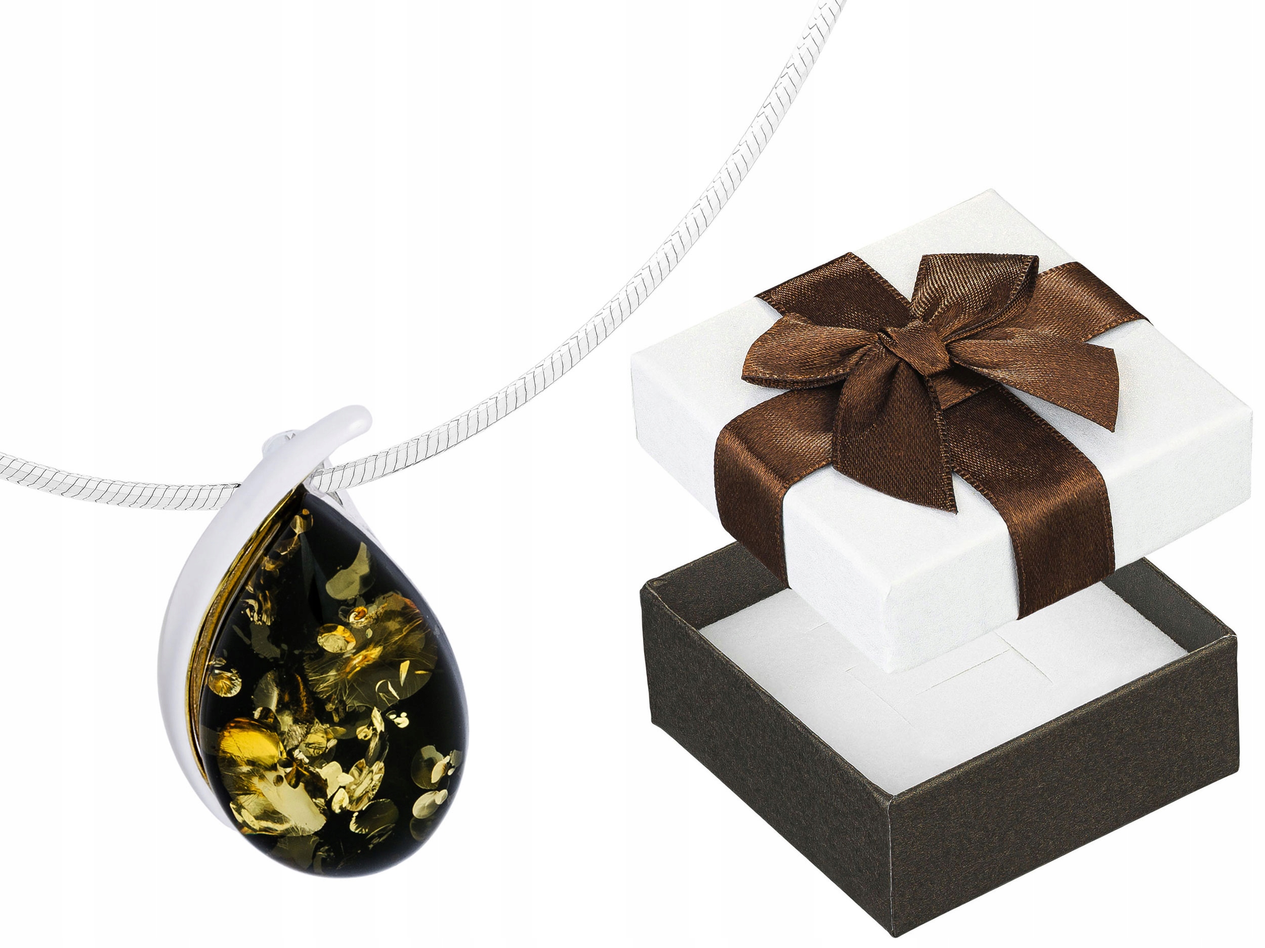 Dlouhý Stříbrný Dámský Náhrdelník Kapka se Zeleným Jantarem Slza 60 cm