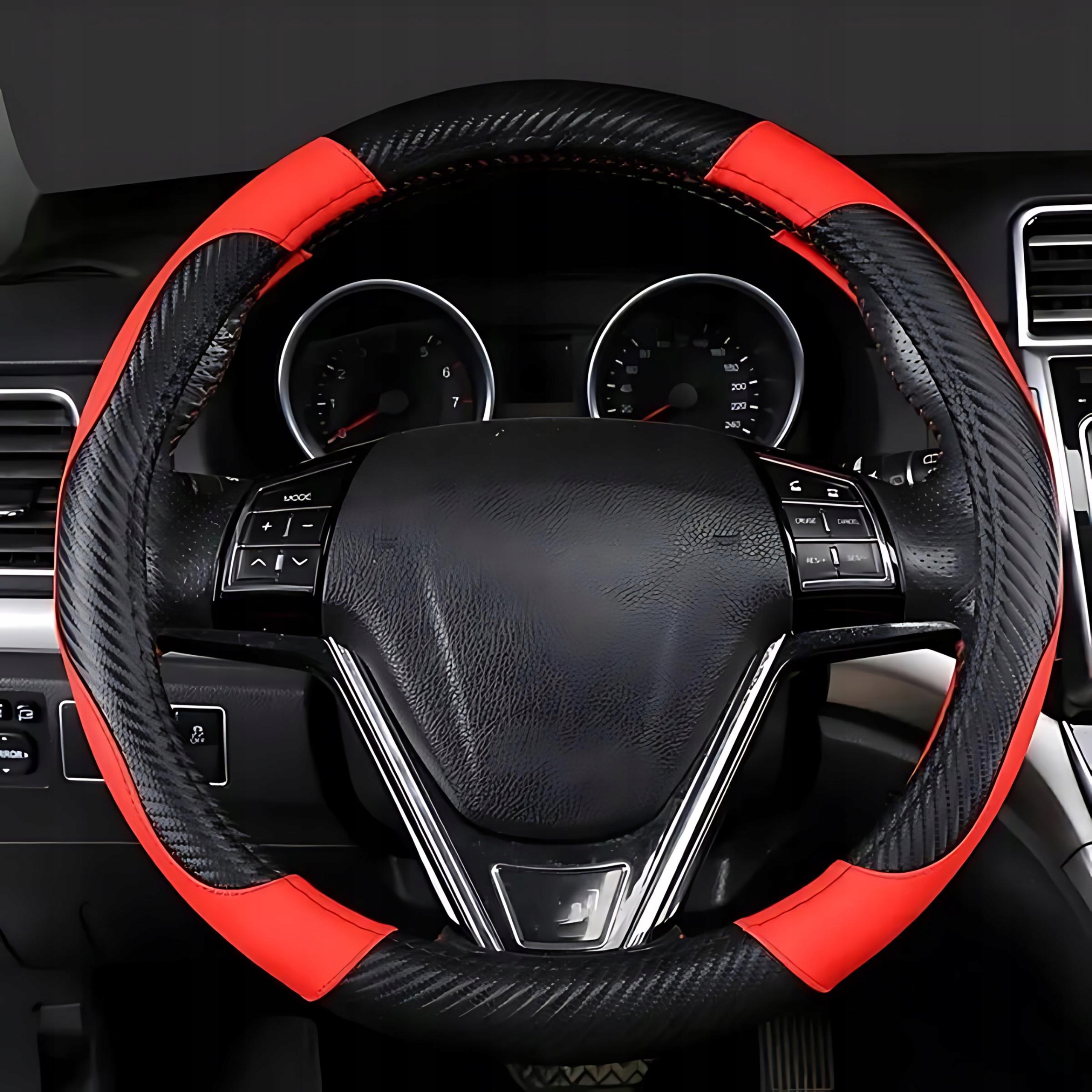 POKROWIEC NA KIEROWNICE NAKŁADKA EKOSKÓRA CARBON CZERWONO CZARNY 36-38CM Numer katalogowy producenta pokrowiec nakładka pełny