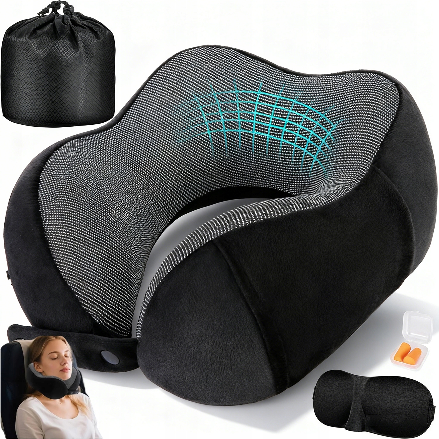 Poduszka Lotnicza Z Ergonomicznym Kształtem Memory Foam Maska Zatyczki