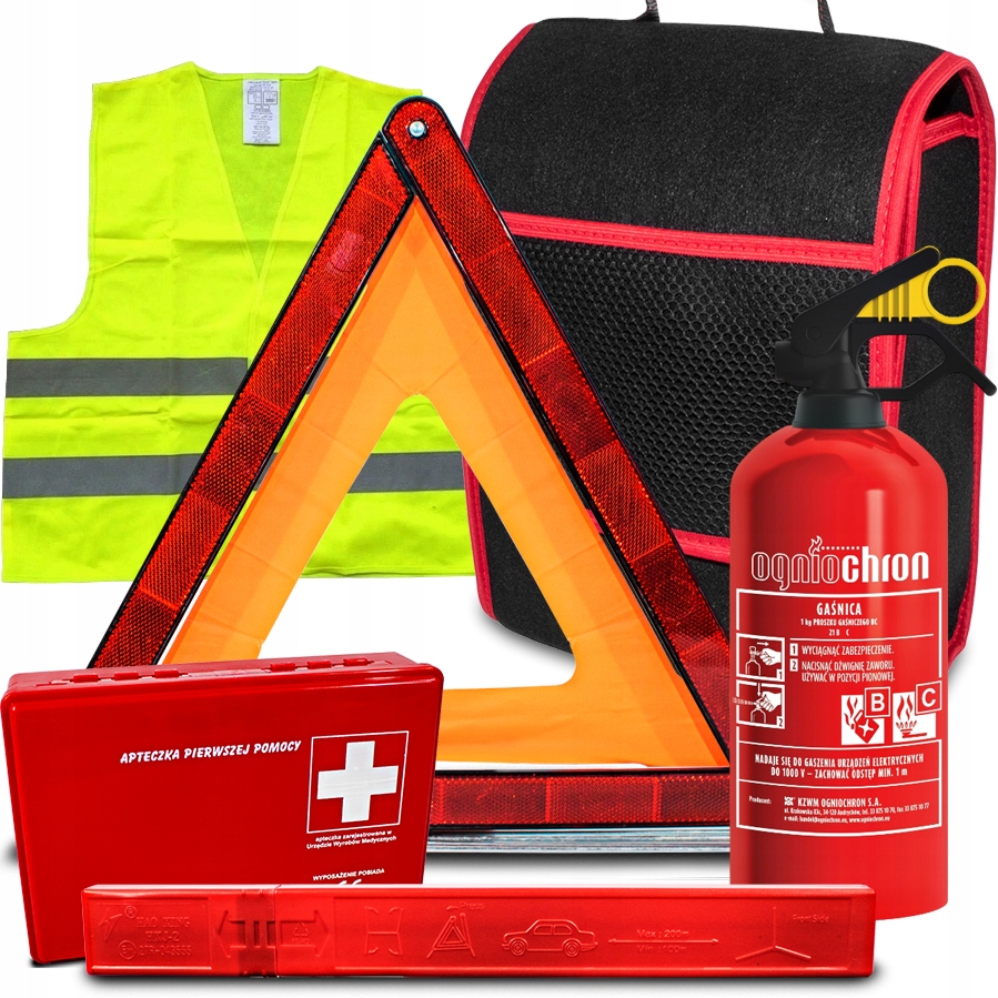 ZESTAW PIERWSZEJ POTRZEBY DO BAGAŻNIKA APTECZKA GAŚNICA TRÓJKĄT KAMIZELKA