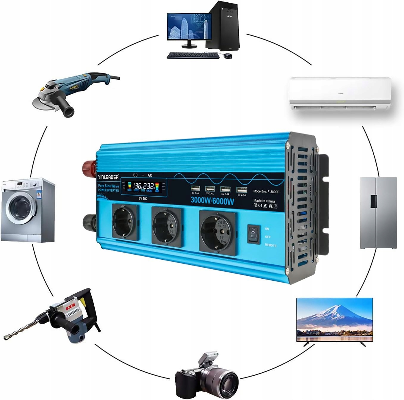 Przetwornica napięcia 3000W/6000W YINLEADER 3 GNIAZDA 4 PORTY USB Moc użytkowa 3000 W