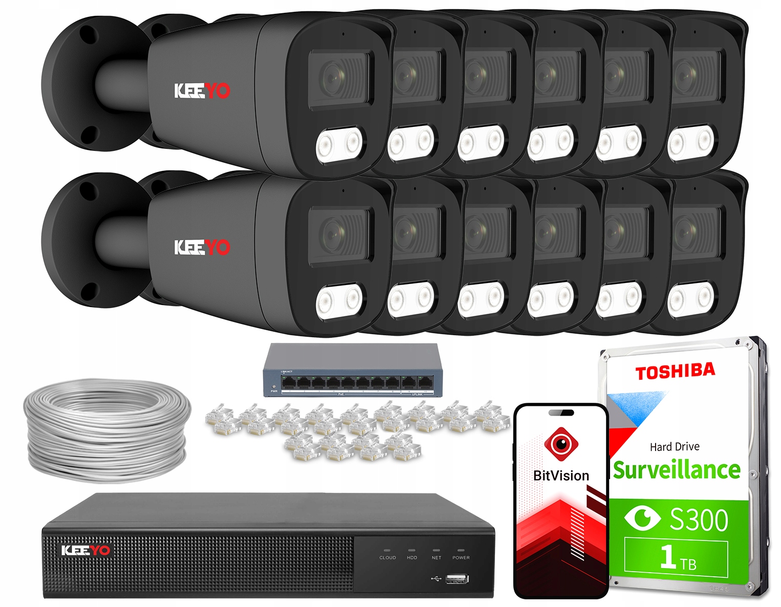 Sada pro monitorování Ip 12x LV-V-IP8M25TF-G-II 8Mpx Ir 25 m Keeyo