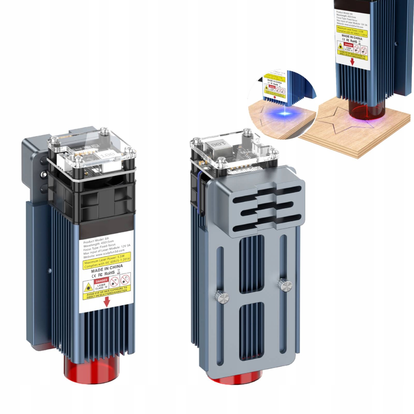 Laserová Hlava Pro Gravírování, Modul 90W 450NM, Řezání Dřeva, Kov