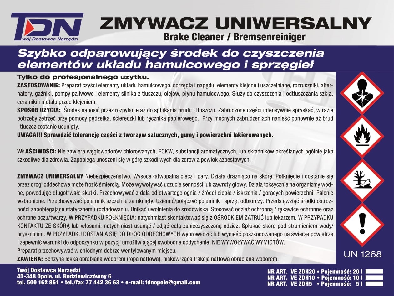 ZMYWACZ DO HAMULCOW PROFESIONALNY 20L OD TDN Manufacturer catalog number VE ZDH20