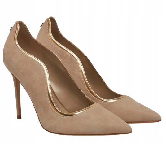 Guess Béžové Lodičky Z Přírodní Kůže S Podpatkem A Zlatými Lemy 37 Gme