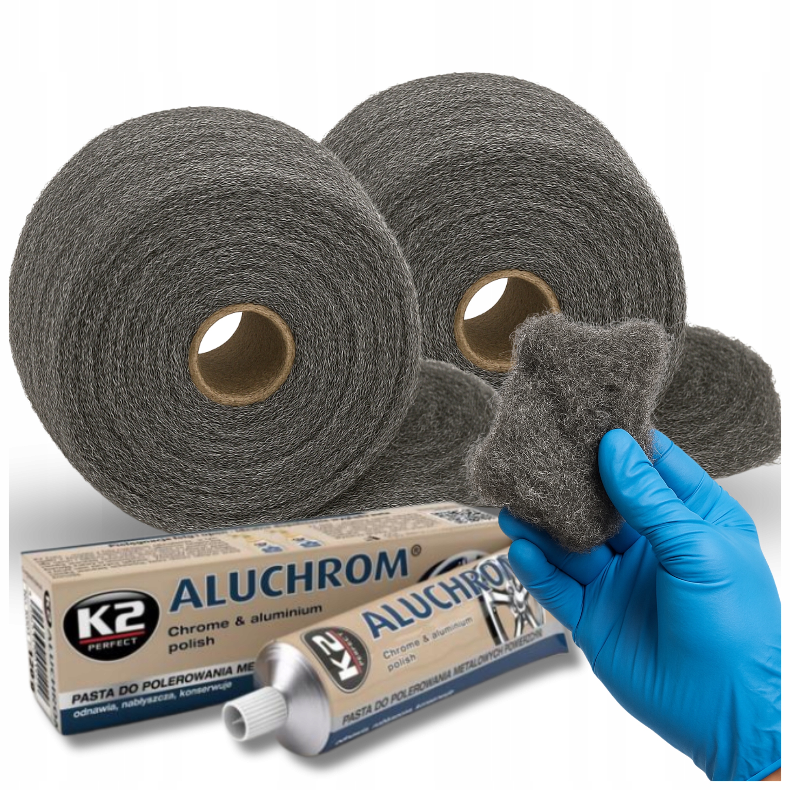 Zestaw do Polerowania Felg Aluminiowych K2 Aluchrom 120g Wełna Stalowa 500g