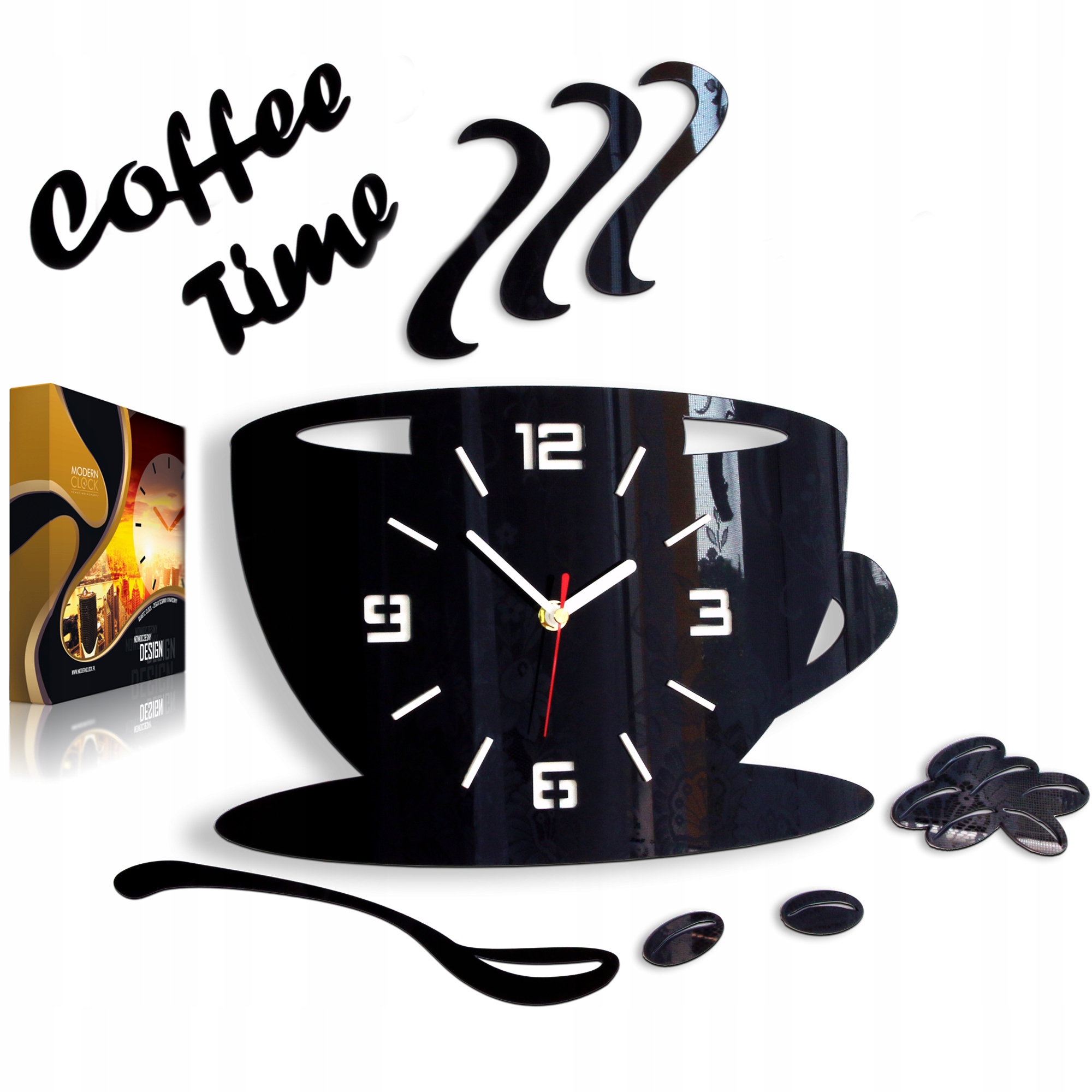 Nástěnné hodiny ve tvaru šálku Coffe Time 3D Black Kulatý Křemenné