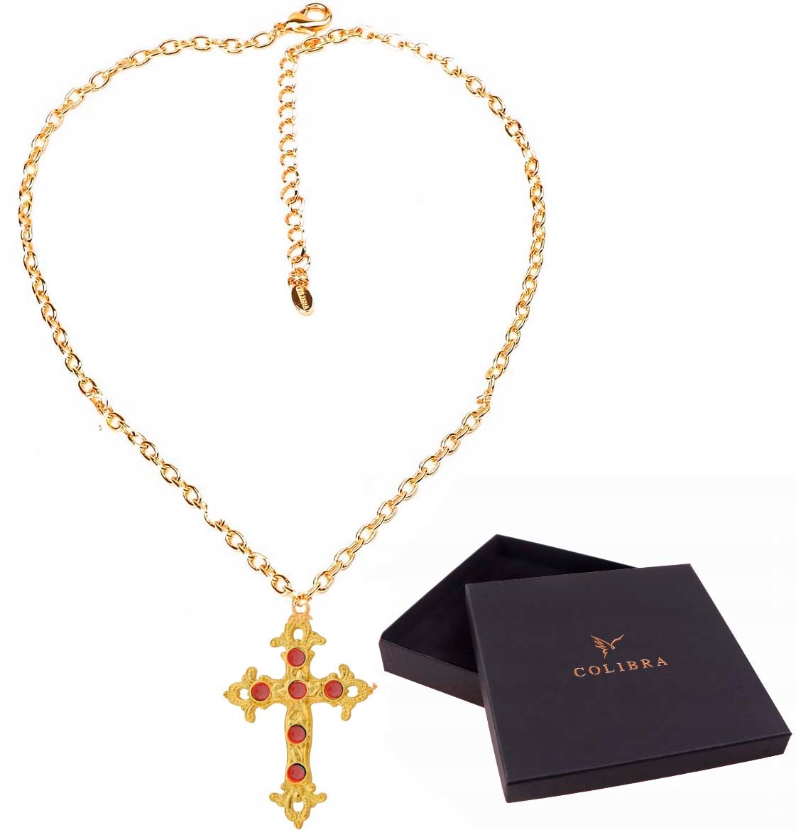 Náhrdelník s velkým Křížem Zlatý Barokní křížek s červenými krystaly