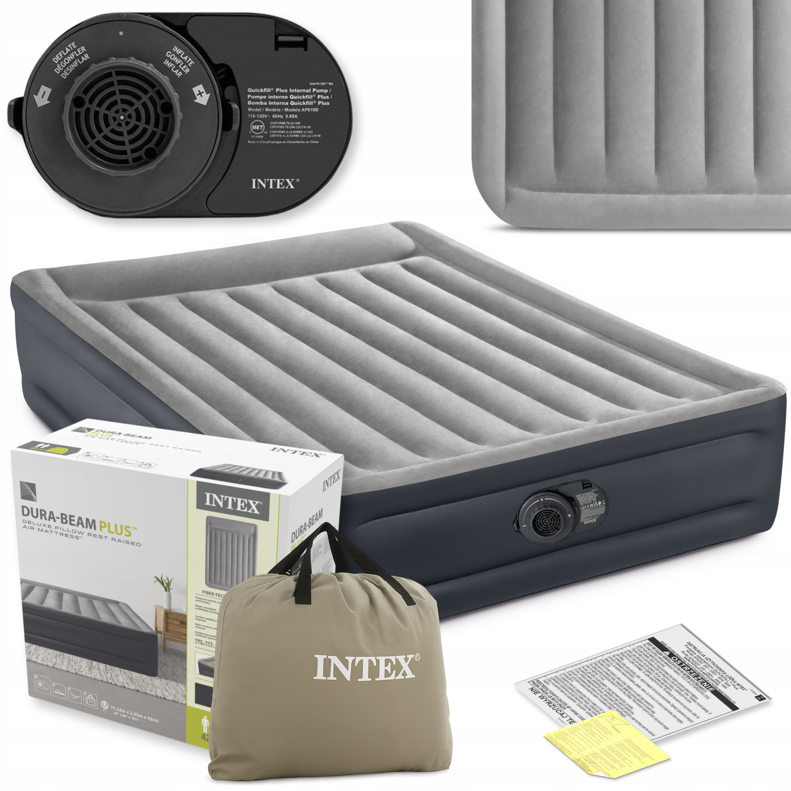 Materac Dmuchany Dwuosobowy Łóżko Intex z Pompką 230V Welurowy Model 2025