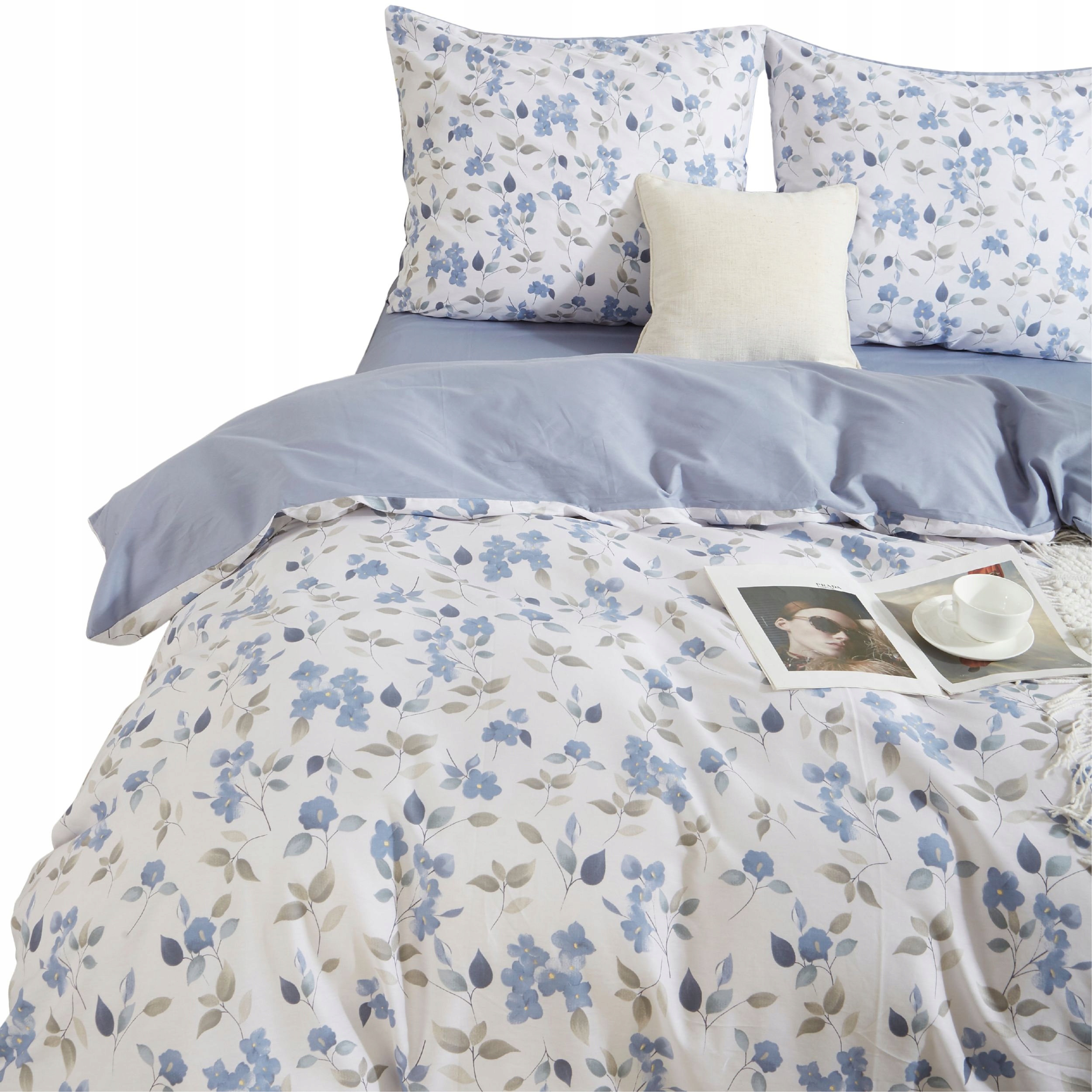 Pościel W Kwiaty Niebieska 160X200 2 Poszewki 70X80 Satyna Bawełniana
