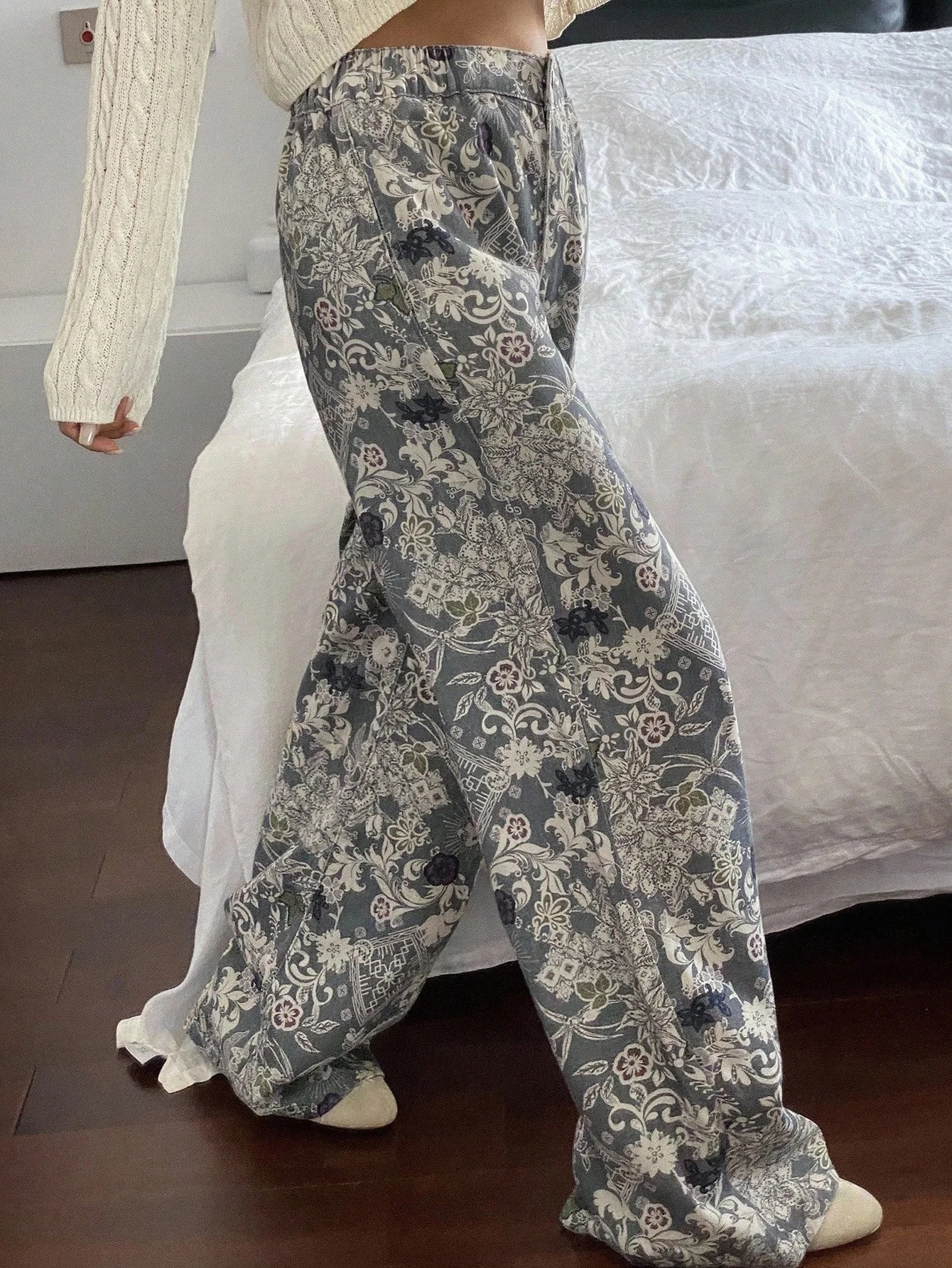 Džíny Dámské Kalhoty Wide Leg Šedé S Květinami Vzor Boho Casual Shein S 36