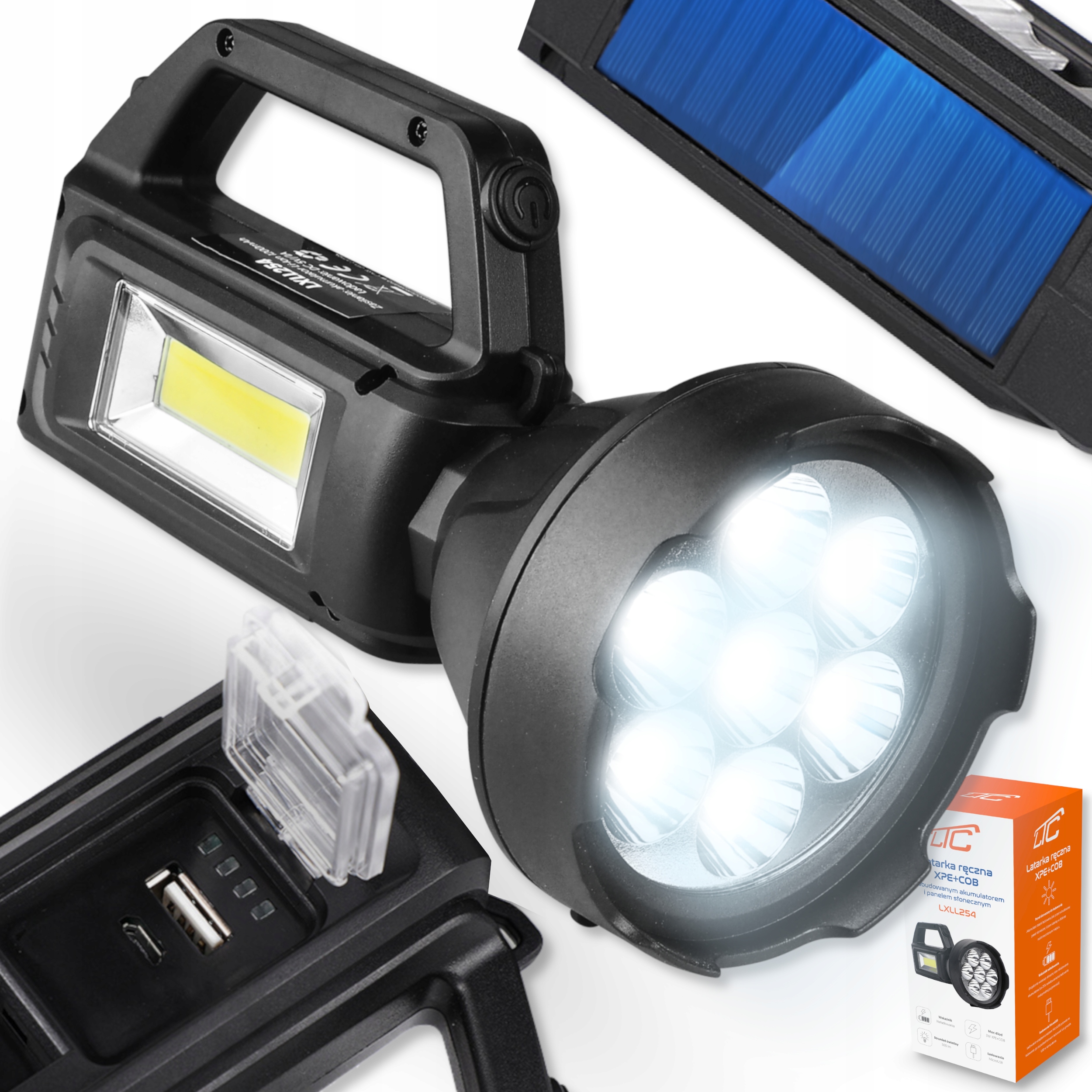 LATARKA RĘCZNA SOLARNA 7-LED XPE+ 500LM POWERBANK