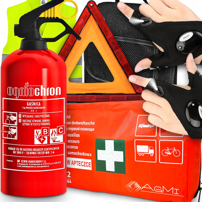 Hasiaci prístroj 1KG Ogniochron Lekárnička Vesta Trojuholník Rukavice s Led baterkou