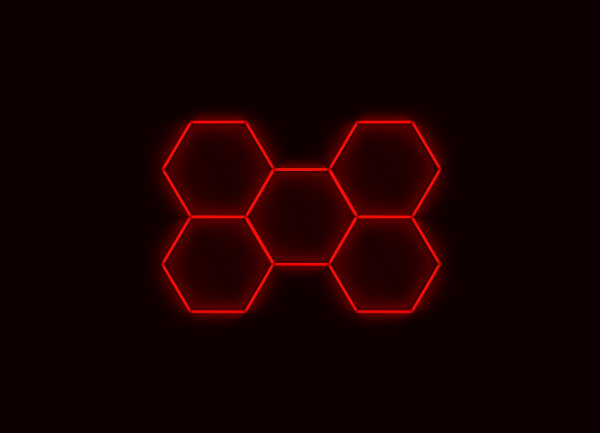 Kompletné Led hexagónové svietidlo červené, rozmer 5 elementov 238 x 168 cm