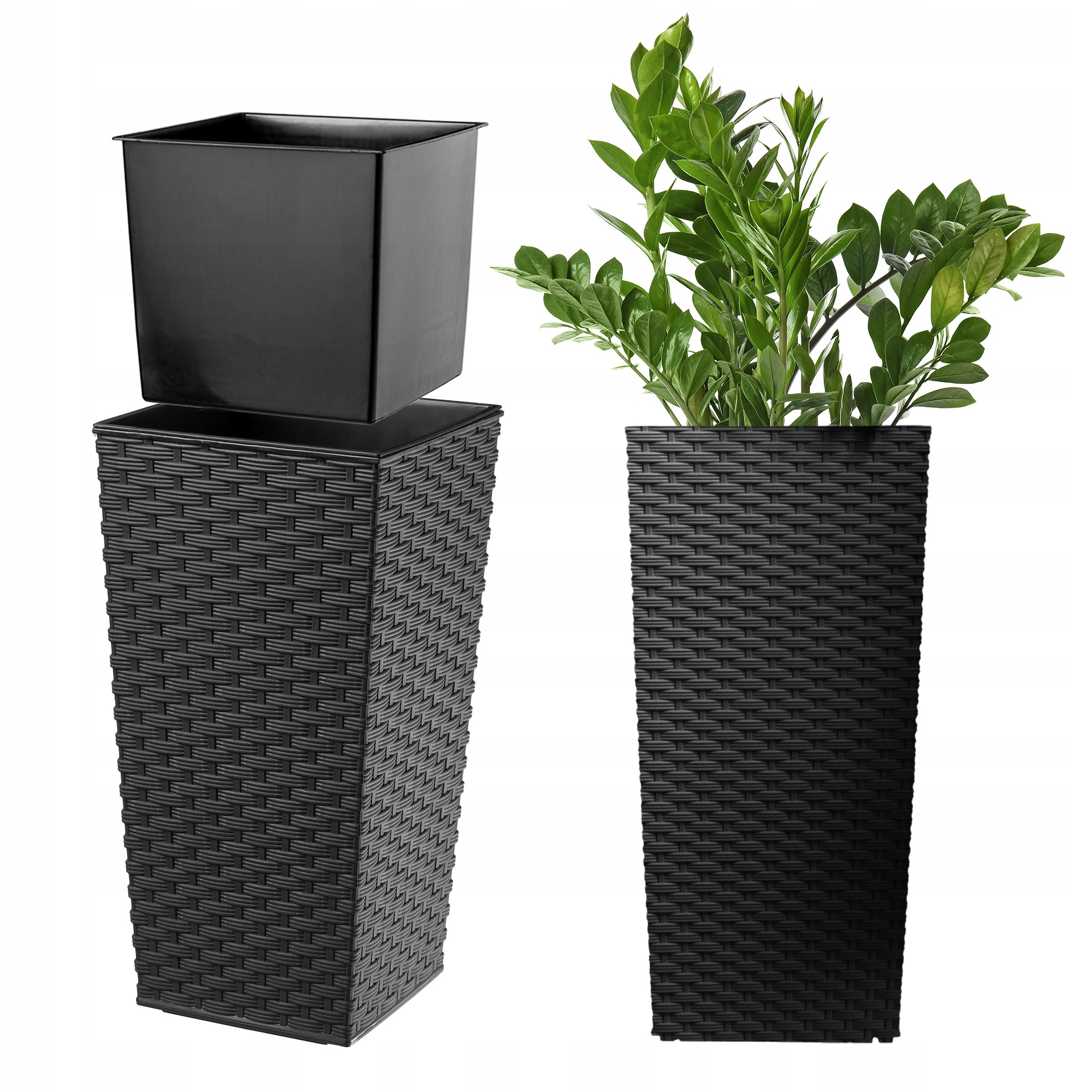 Květináč 24x47 cm S Vložkou Na Květiny Velký Vysoký Černý