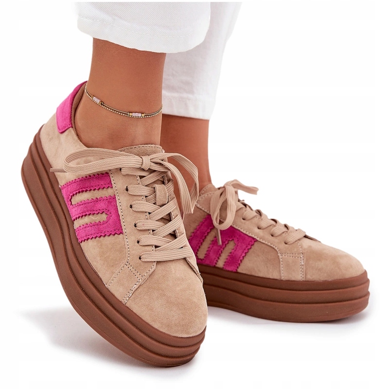 Dámské Tenisky Na Platformě Z Přírodního Semiše, Béžovo-růžové, Velikost 39