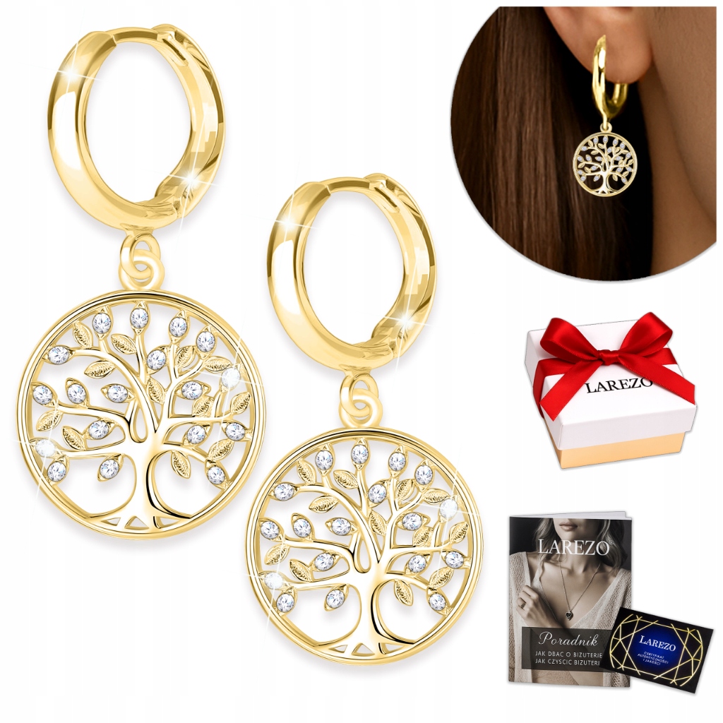 Zlaté visací Náušnice Strom štěstí s kubickými zirkony 925 Stříbro