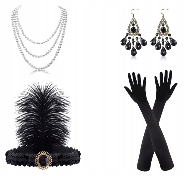 ZESTAW RETRO DAMSKI LATA 20 FLAPPER 6 EL. PRZEBRANIE KARNAWAŁ RĘKAWICZKI Marka inny